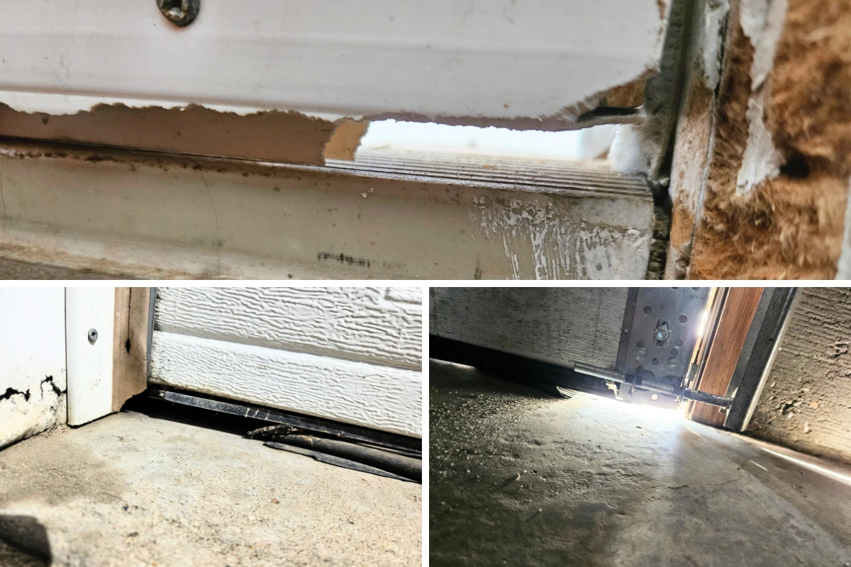 Chewed gap under door, garage door entry point requiring sealing
